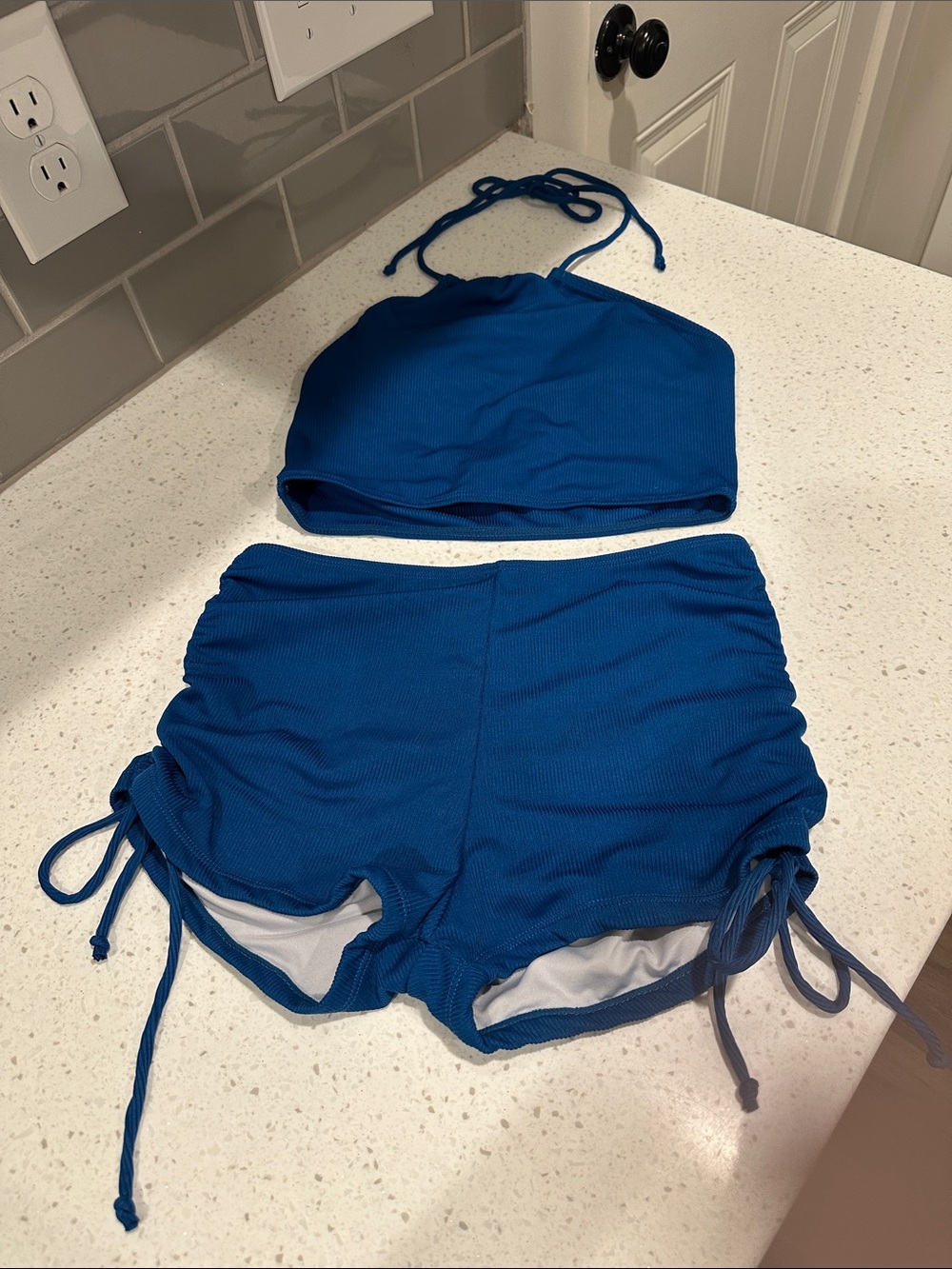 Blue Ribbed Halter Swim Top & Drawstring Swim Shorts